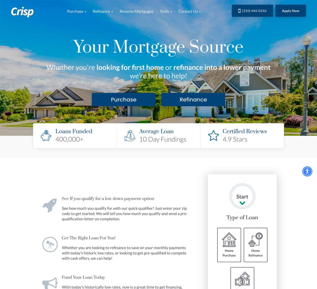 Mortgage website template — Crisp (light purchase and refinance design with trust stats and loan-picker widget)