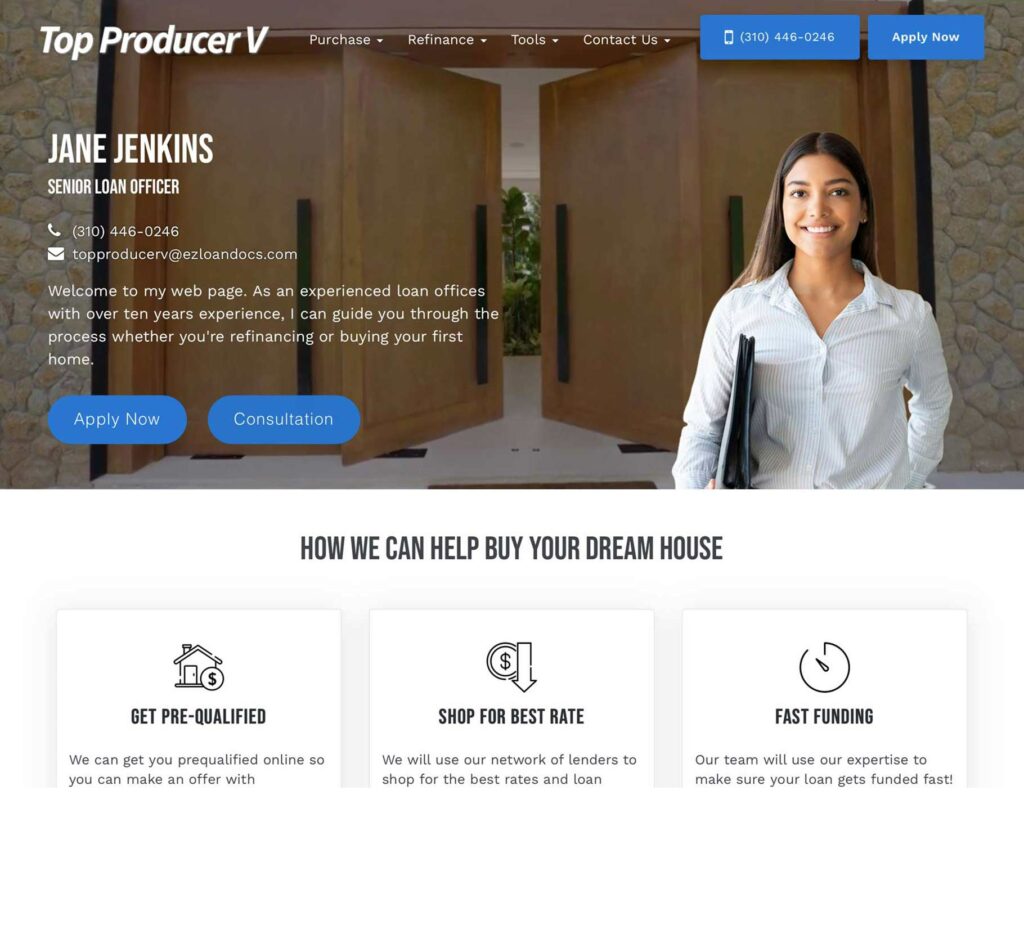 Mortgage website template — Top Producer V (personal-brand loan officer design with headshot and credentials)