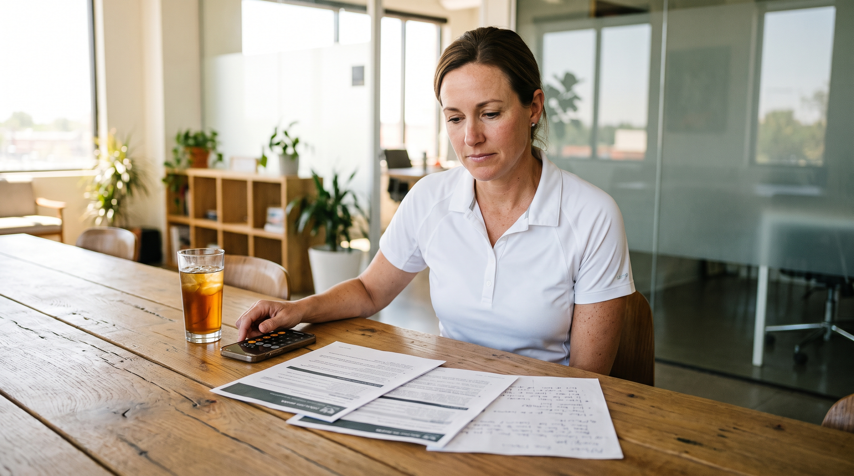 Loan officer comparing printed mortgage marketing company proposals at a sunlit office table
