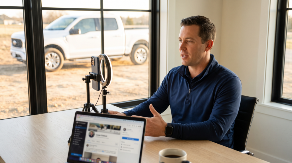Loan officer filming a mortgage social media post at his desk with a phone and ring light