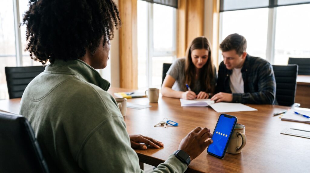 Loan officer's phone lighting up with a new five-star review at the closing table
