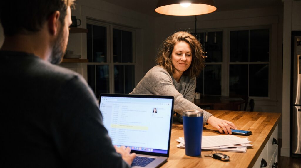 Borrower couple at their kitchen table at night as an AI assistant's answer names a mortgage lender on their laptop
