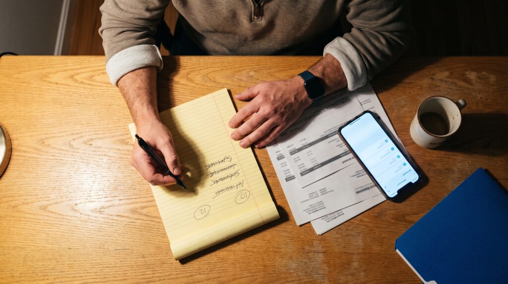 Loan officer totaling mortgage CRM cost on a legal pad, crossing out four separate software subscriptions