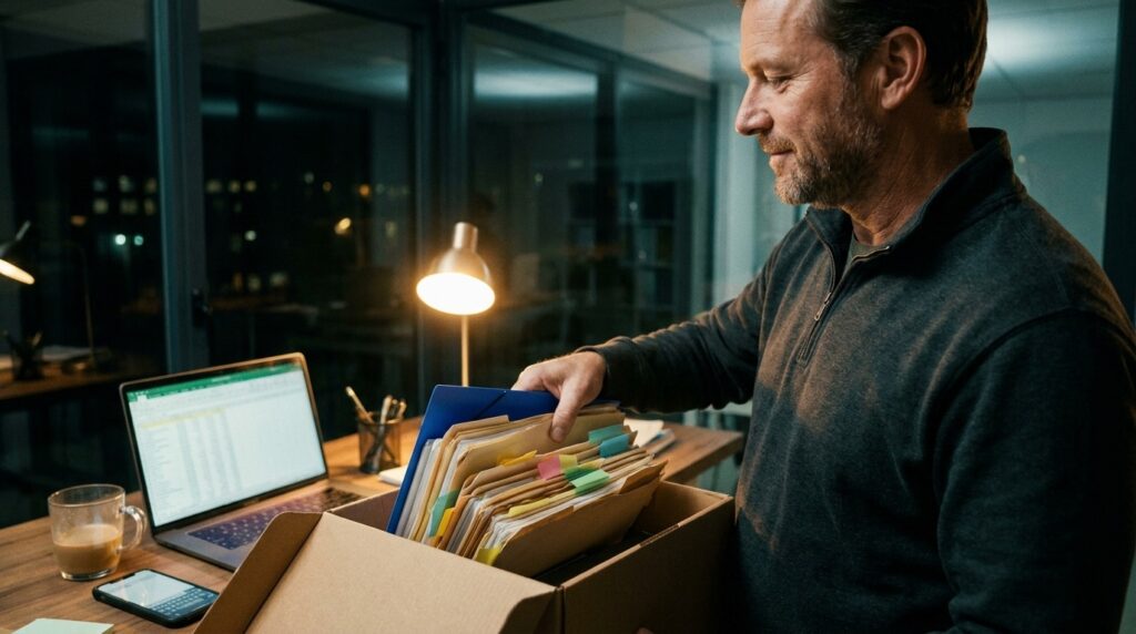 Loan officer boxing up sticky-note lead folders after switching to a mortgage CRM
