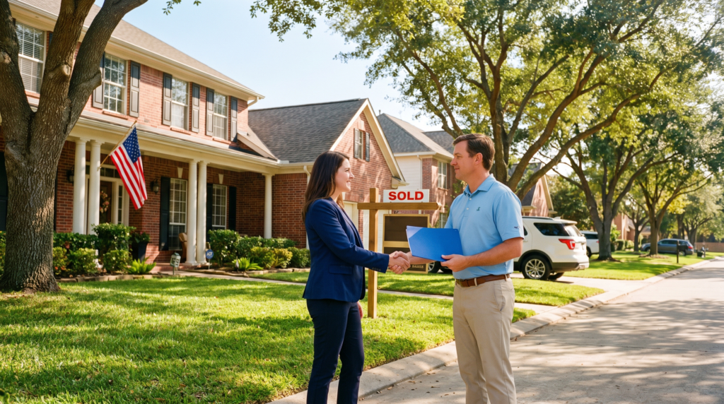 Realtor and loan officer shake hands at a sold suburban home — how realtor referral fees work