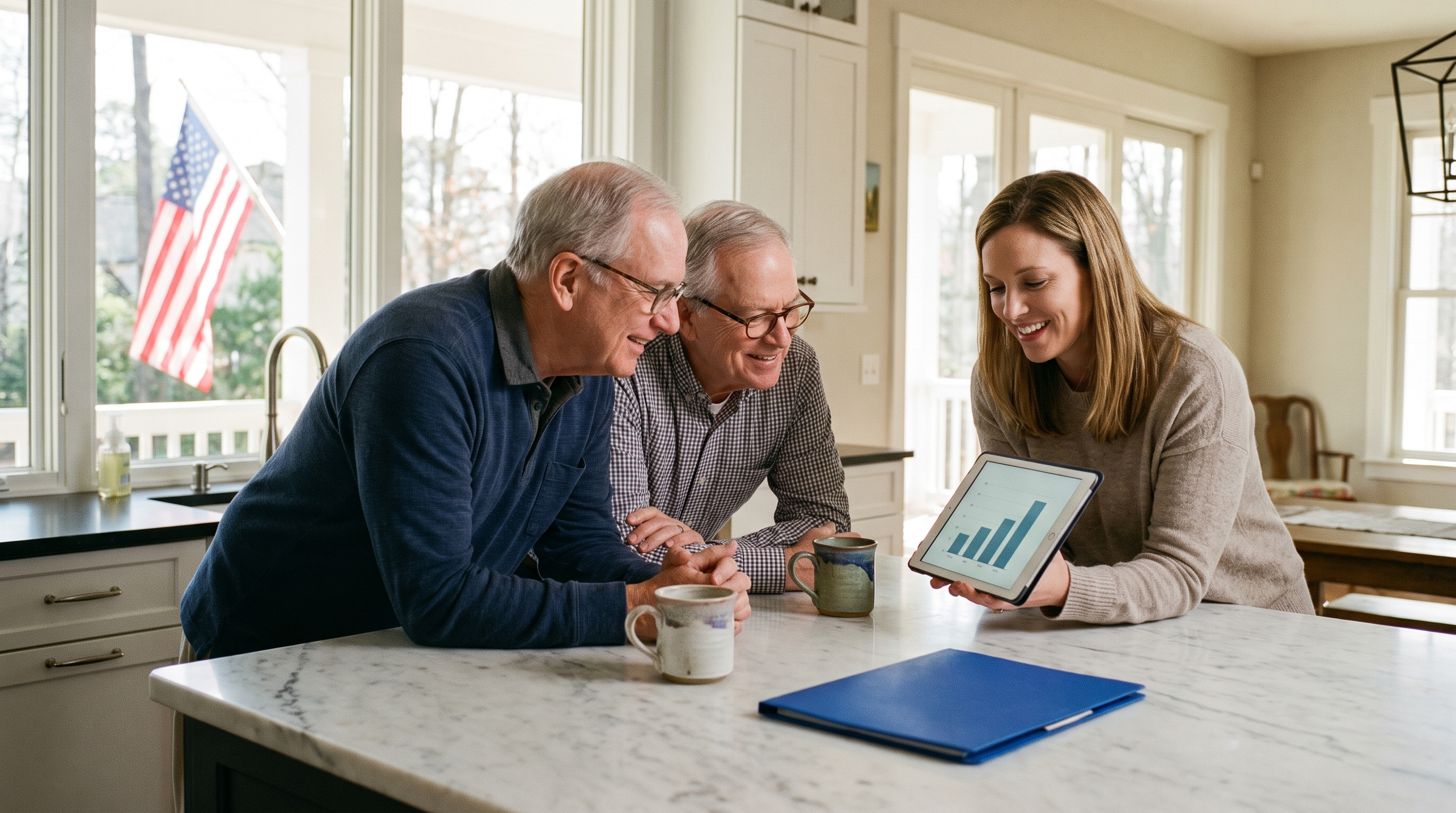 Senior couple and adult daughter reviewing home equity on a tablet at a farmhouse kitchen island — reverse mortgage leads built on education