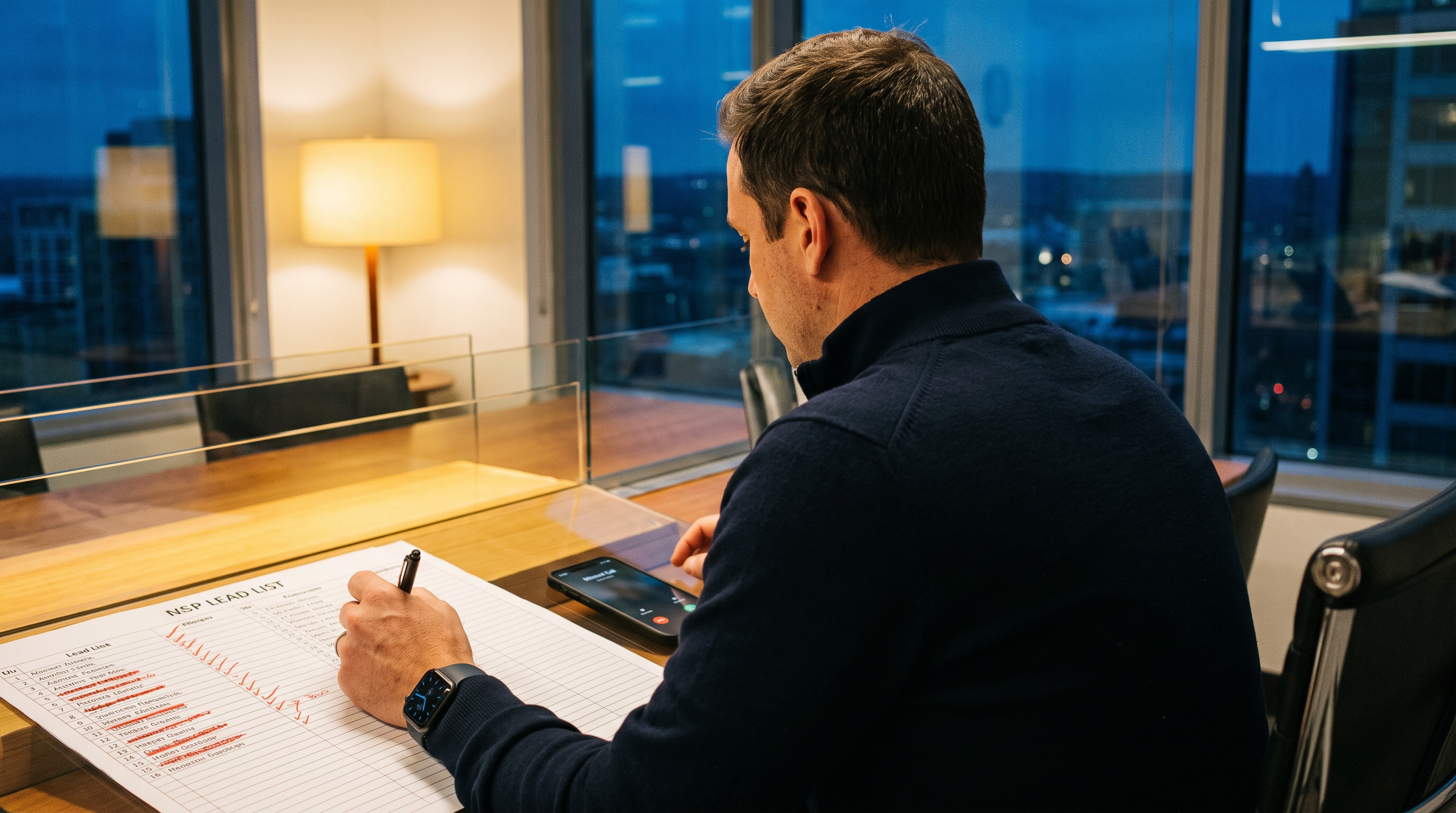 Loan officer's desk at dusk with a marked-up shared lead list and missed calls — the race bought mortgage leads force