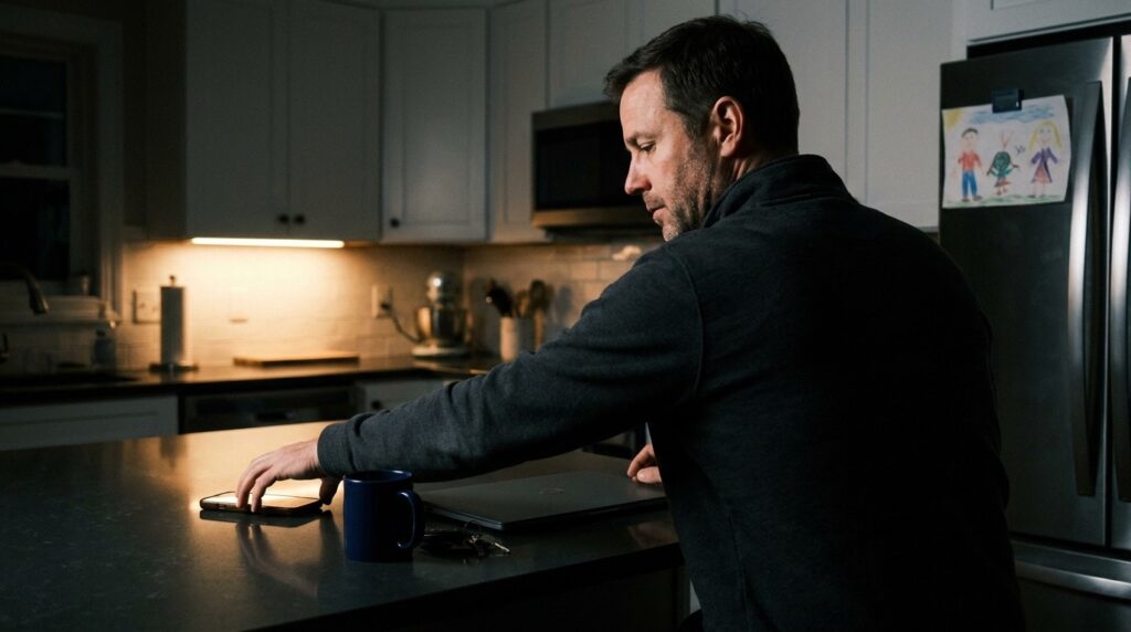 Loan officer's phone lighting up with a new mortgage lead notification in a dark kitchen at 9pm