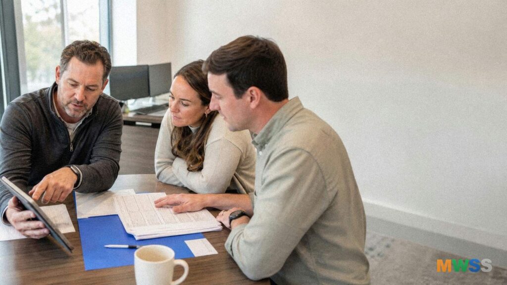 Loan officer walking a borrower couple through a 1003 loan application on a tablet
