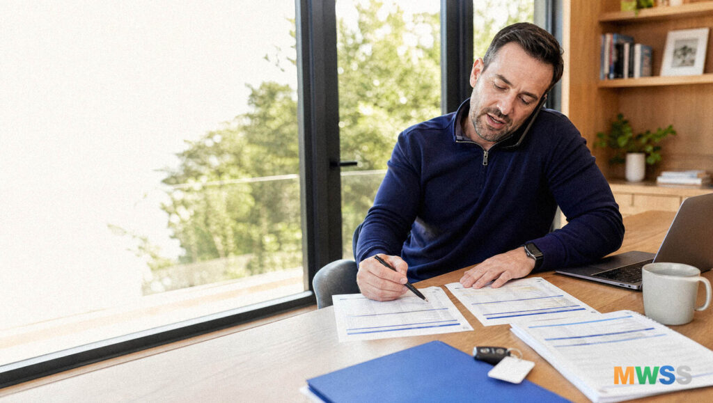 Loan officer on a phone call reviewing a Dave Ramsey realtor referral program comparison sheet in a bright office
