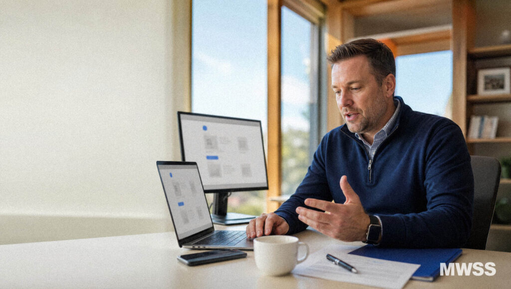 Loan officer realizing his free mortgage website template is identical to a competitor's site on the screen beside it