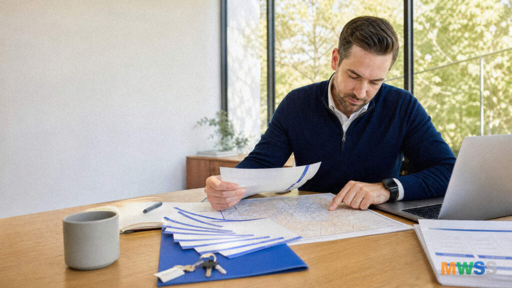 Loan officer reviewing a mortgage direct mail campaign, sorting postcard mailers against a printed zip-code route map