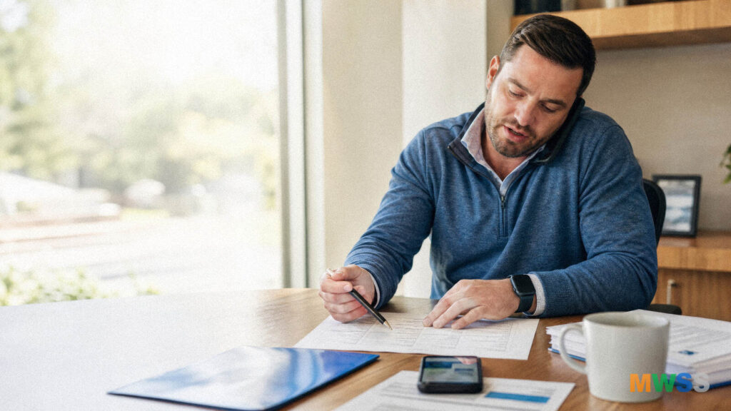 Loan officer on a phone call gesturing at a printed lead-intake sheet while a second phone shows a defocused notification screen on the desk