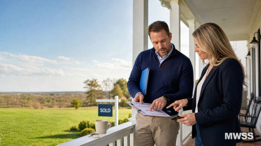 Loan officer and realtor partner reviewing a free mortgage leads referral sign-in sheet on a sunlit porch