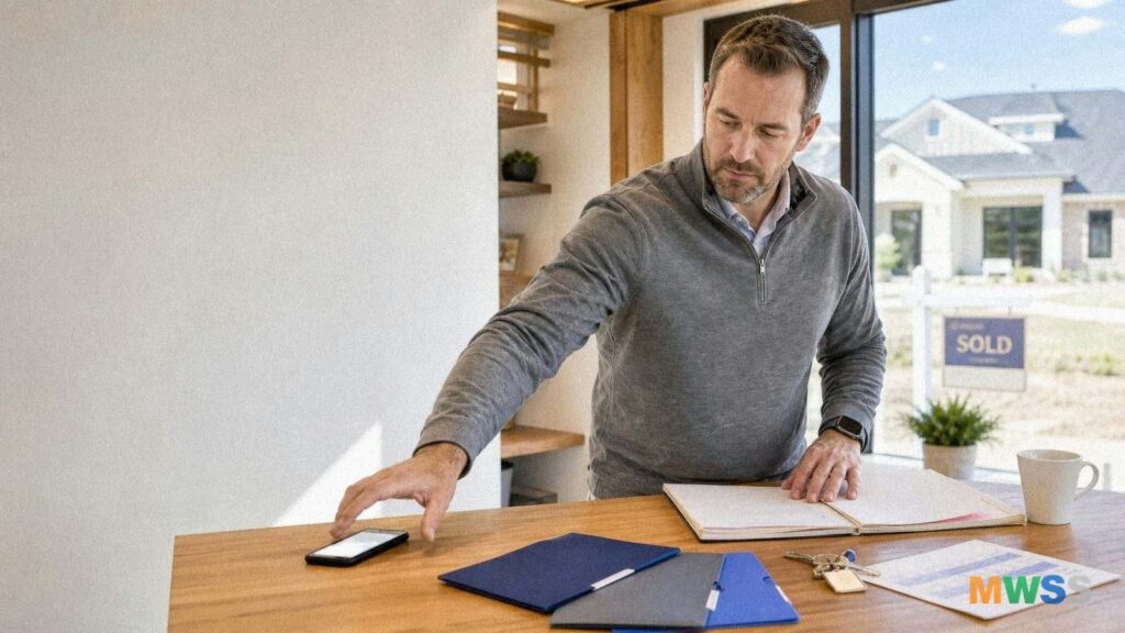 Loan officer reaching for a ringing phone beside jumbo, VA, and commercial mortgage lead files at his desk
