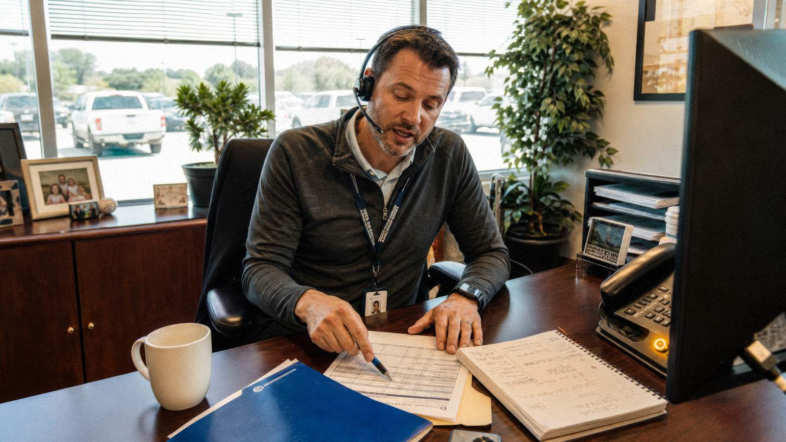 Loan officer answering a live transfer mortgage lead call, headset on, pointing at a rate sheet at his desk in a bright modern office