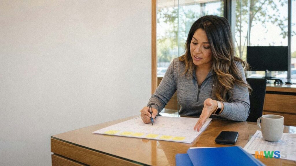 Loan officer marking a printed marketing plan calendar at her desk