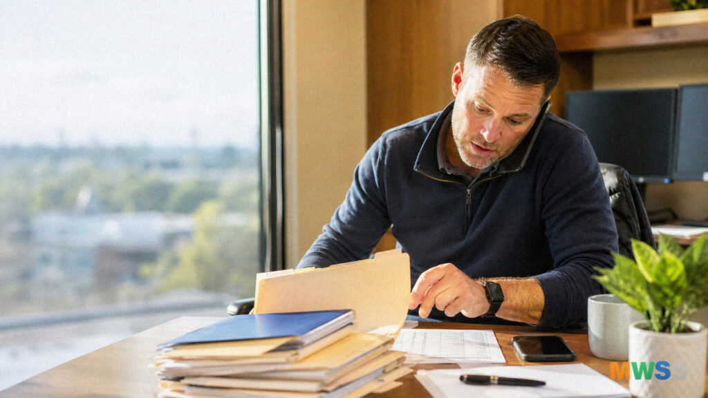 Loan officer reviewing a rate-sheet and closed-loan files, practicing refinance recapture
