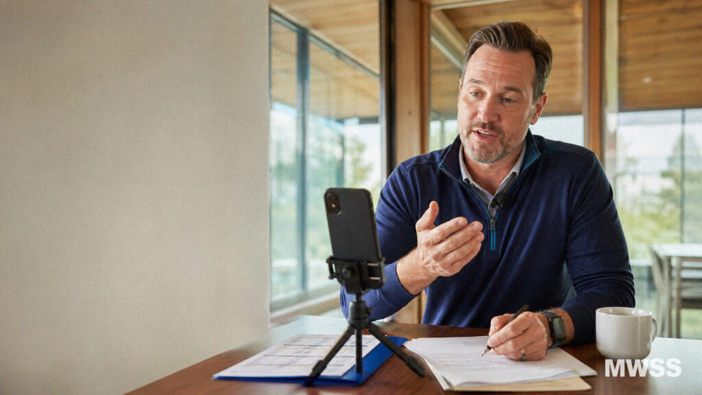 Loan officer recording a short video marketing clip on a phone tripod in a modern office
