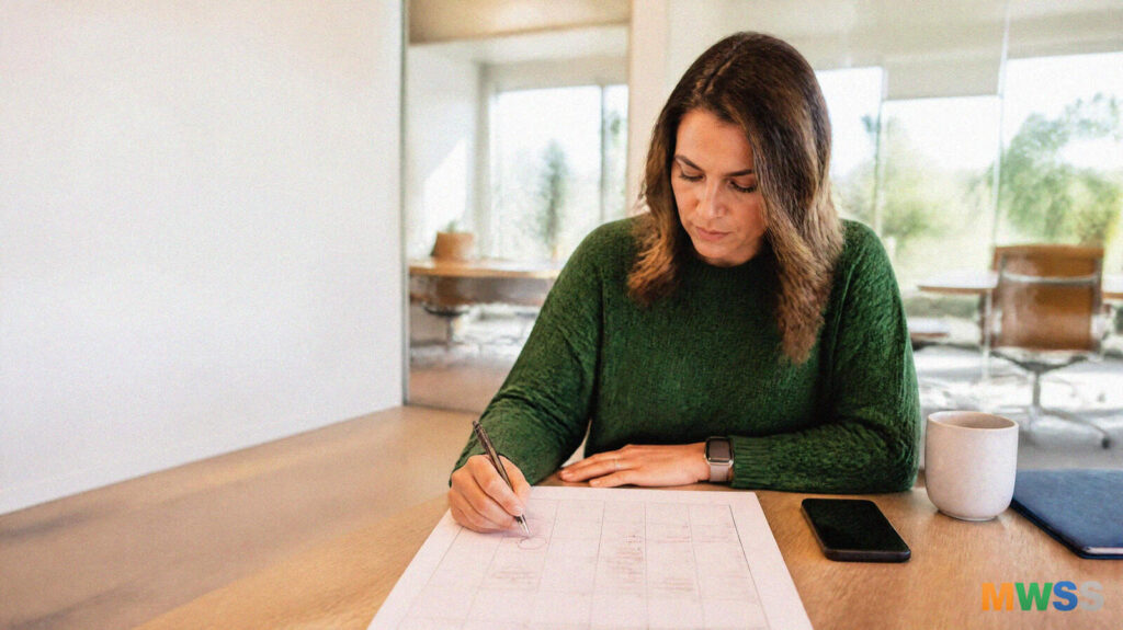 Loan officer circling a date on a printed marketing calendar at her desk, planning monthly outreach