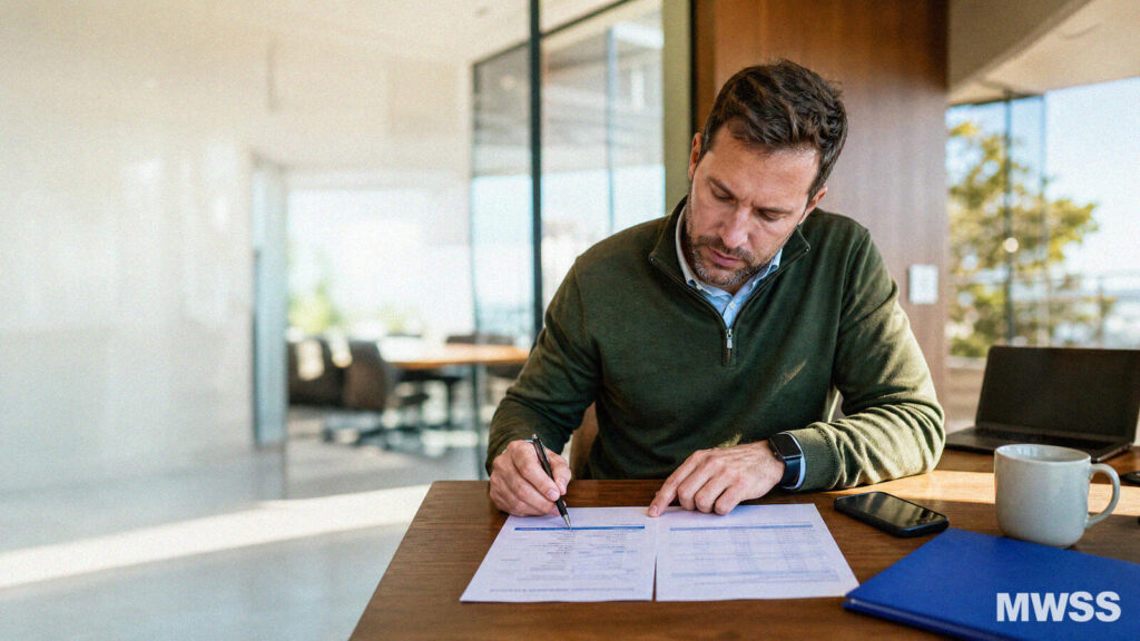 Mortgage POS systems comparison: loan officer cross-referencing two vendor spec sheets at his desk