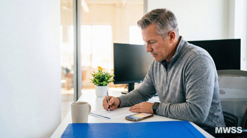 Loan officer checking a box on a printed counseling checklist at his desk, part of marketing a reverse mortgage
