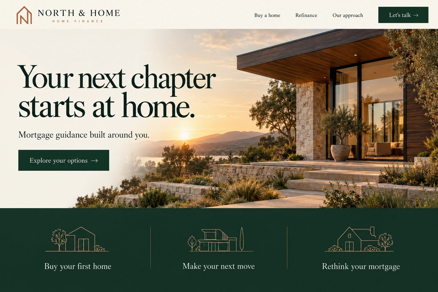 Custom mortgage website design example for fictional North and Home, with architectural logo, warm home photography and clear borrower paths.